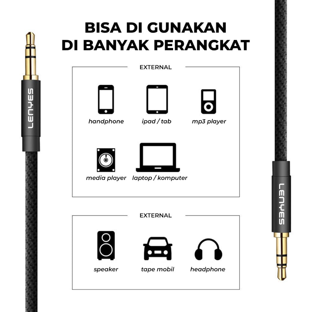 Kabel Aux LENYES AX94 3.5mm Jack Audio Cable Male To Male Braided Hifi Stereo 1 Meter