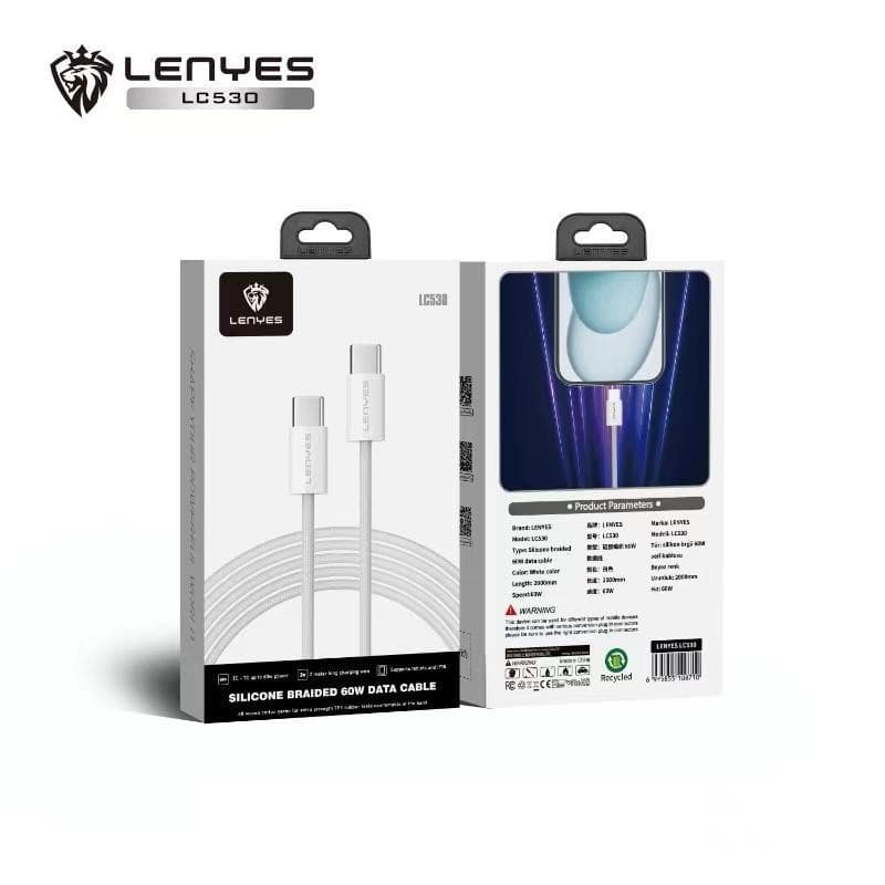 Kabel Data LENYES LC530 60W Fast Charging Type C To Type C Data Cable Charger Nylon Braided 2 Meter