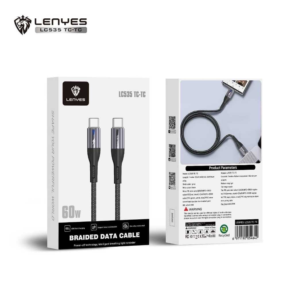 Cable Data LENYES LC535 60W Fast Charging Type C To Type C  Charger Kabel Data Braided Nylon 1 Meter